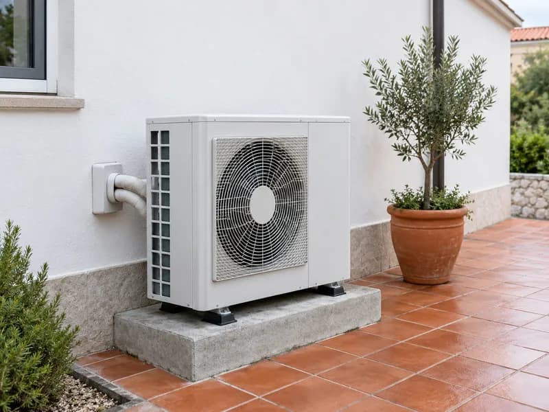 Unidade exterior de bomba de calor junto à parede de uma casa