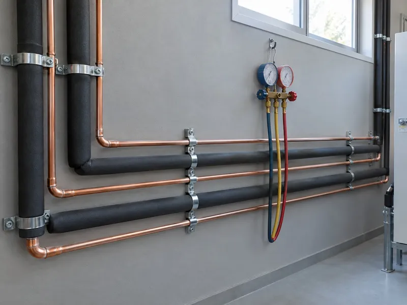 Tubagem de cobre isolada ao longo da parede de uma sala técnica