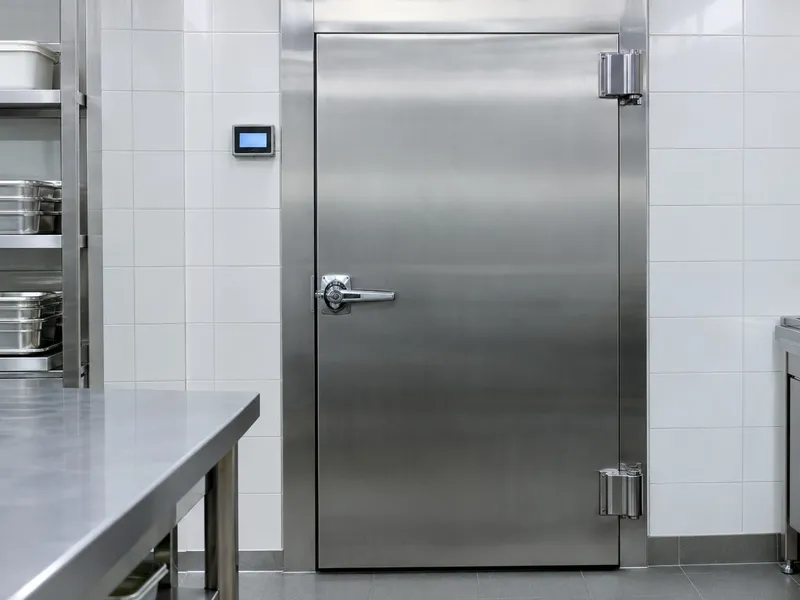 Porta de câmara frigorífica em inox numa cozinha profissional